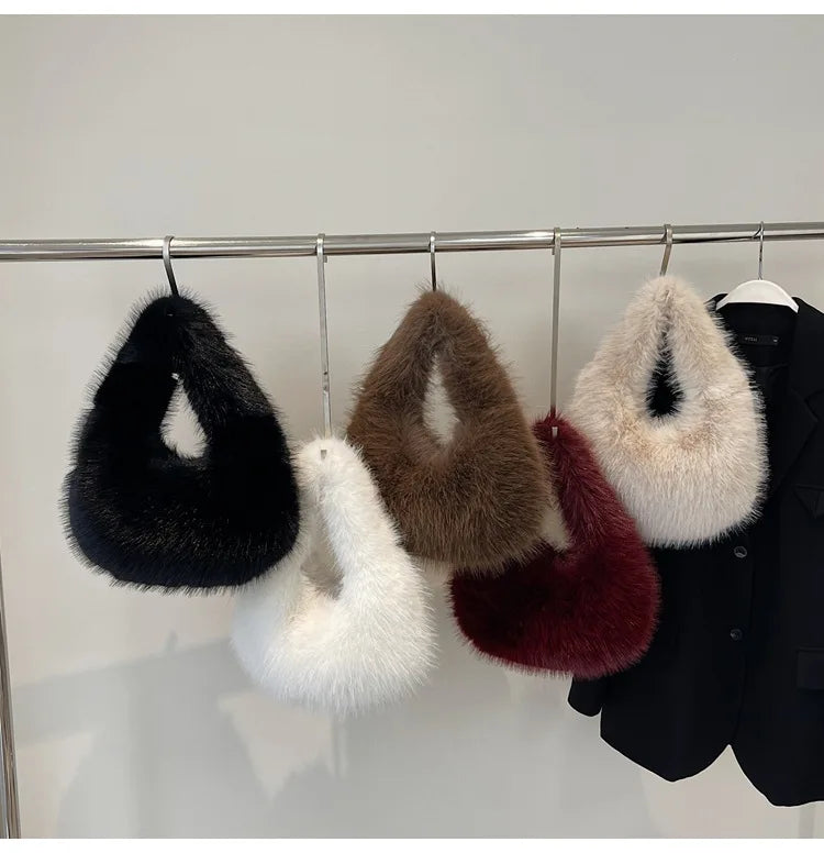 Cozy Winter Shoulder Bag – Solid Color Furry Handbag for Women