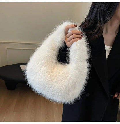 Cozy Winter Shoulder Bag – Solid Color Furry Handbag for Women