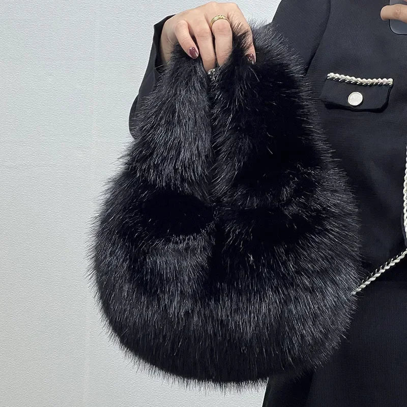 Cozy Winter Shoulder Bag – Solid Color Furry Handbag for Women