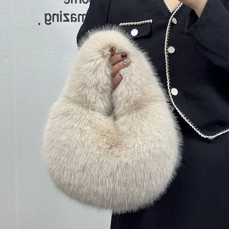 Cozy Winter Shoulder Bag – Solid Color Furry Handbag for Women