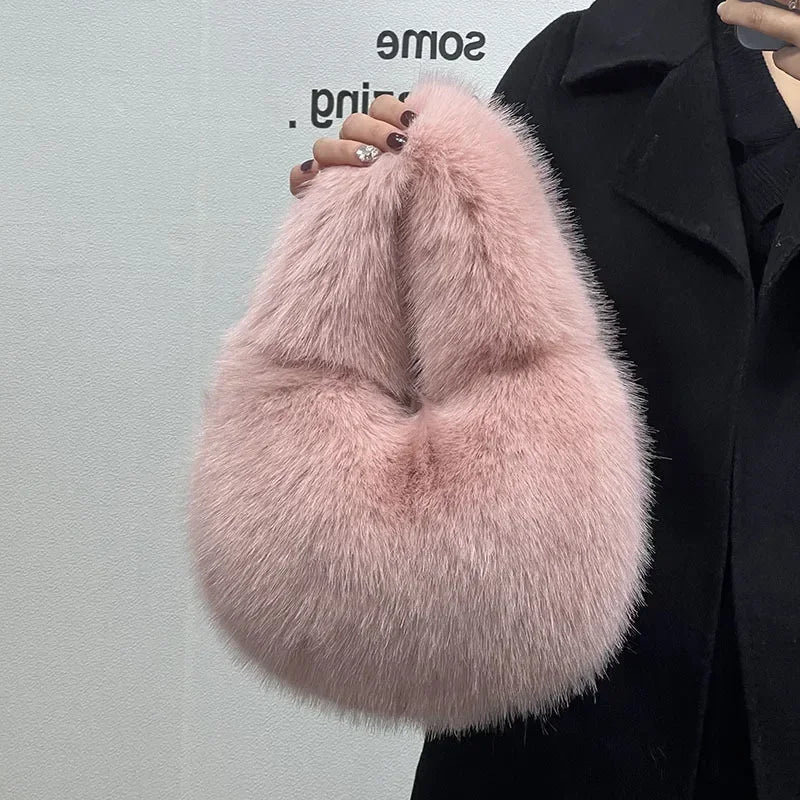 Cozy Winter Shoulder Bag – Solid Color Furry Handbag for Women