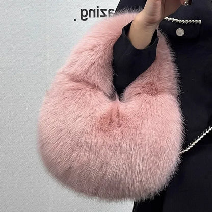 Cozy Winter Shoulder Bag – Solid Color Furry Handbag for Women