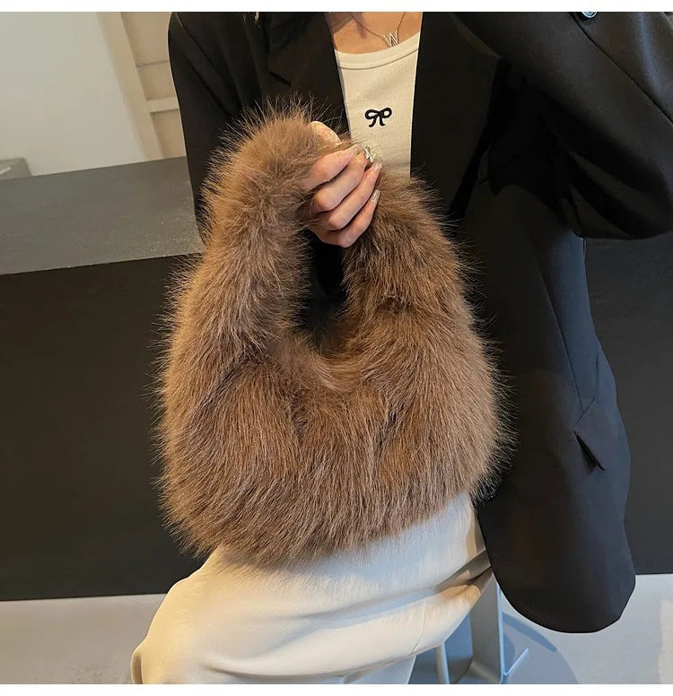 Cozy Winter Shoulder Bag – Solid Color Furry Handbag for Women